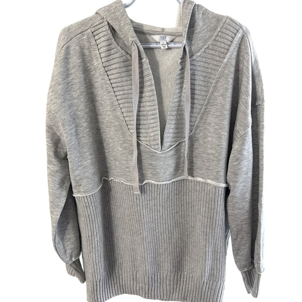 Time and Tru Womens Gray Mixed Media Ribbed Knit Hoodie Sweatshirt Large 12-14
